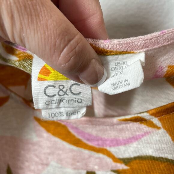 C & C California Linen Top Shirt Floral Orange Pink XL Short Sleeve Womens - Picture 3 of 4